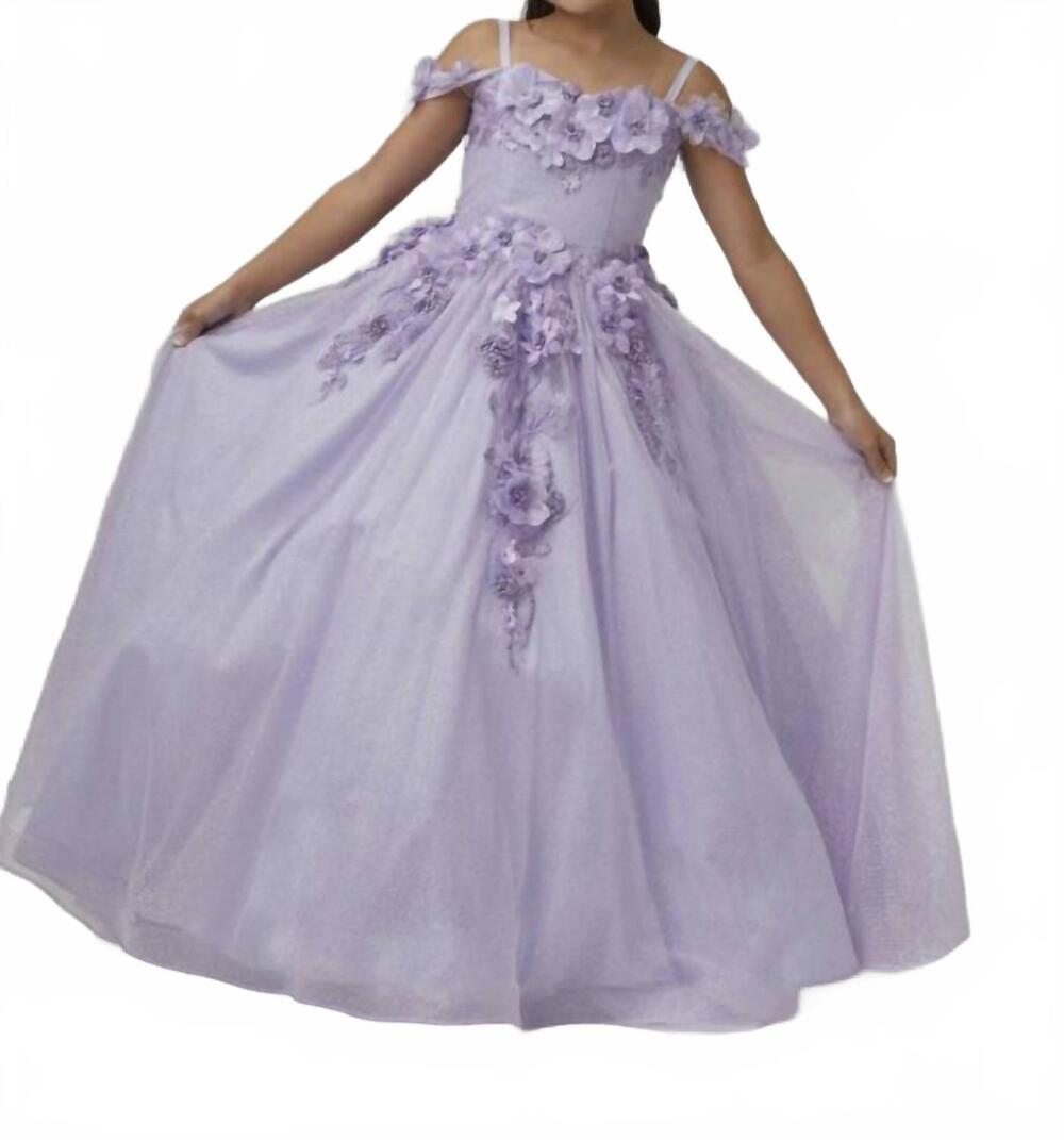 NEW TIFFANY DESIGNS floral appliques sparkly mini pageant gown in lilac
